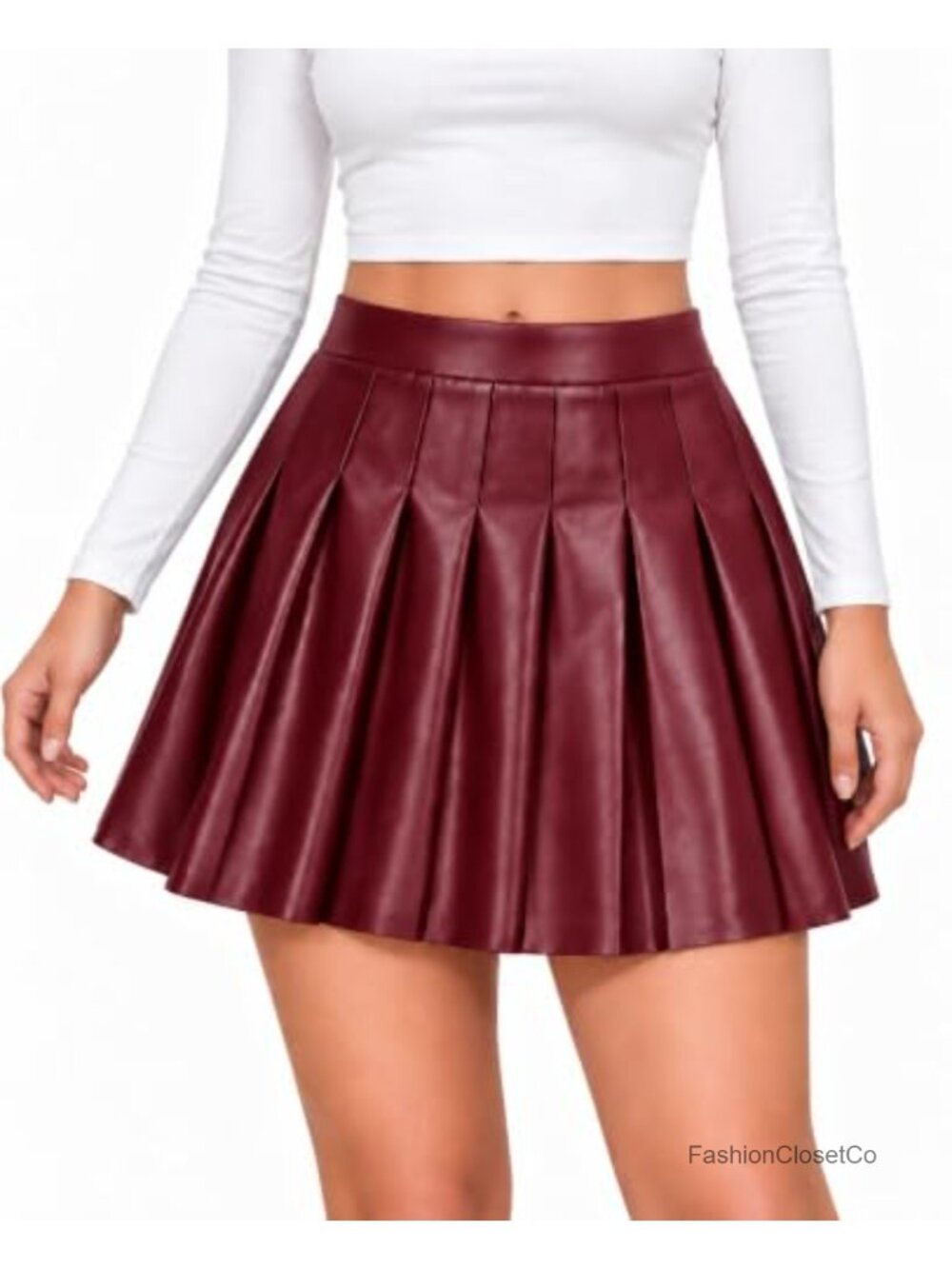 High-Waisted PU Leather Pleated A-Line Mini Skirt Office Party